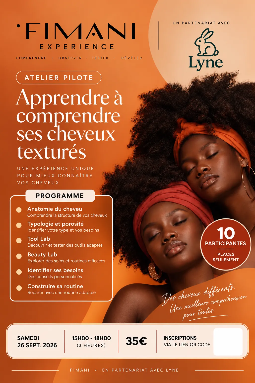 Affiche de FIMANI Experience : atelier pilote « Apprendre à comprendre ses cheveux texturés », samedi 26 septembre 2026, de 15 h à 18 h, 35 €, 10 participants.