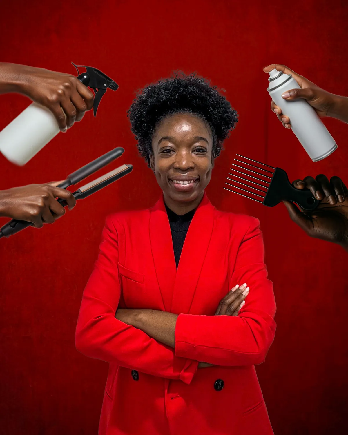 Une coiffeuse en blazer rouge, les bras croisés, entourée de mains tenant un vaporisateur, un fer, un peigne afro et une laque.